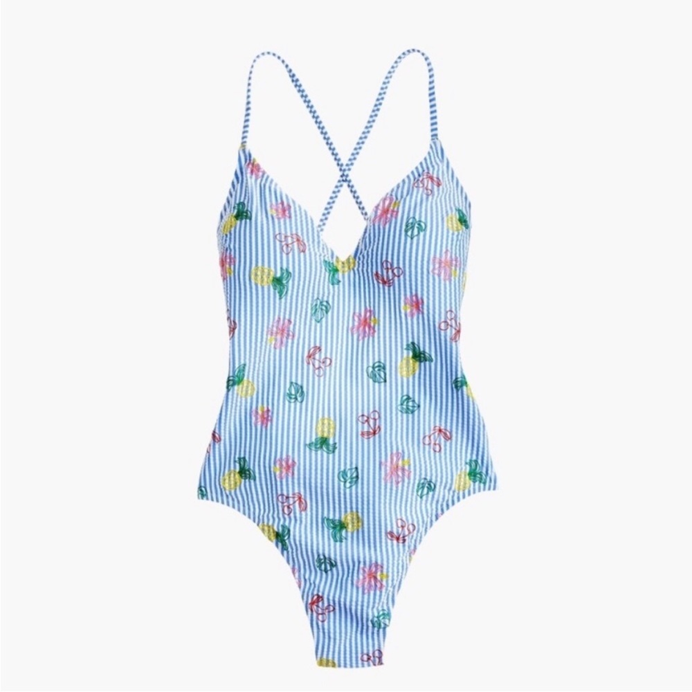 J. Crew Seersucker One Piece Swimsuit Embroidered
Fruit Size 10